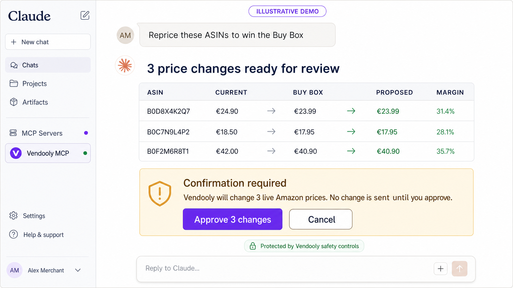Illustrative Claude conversation showing proposed Amazon price changes and a required human confirmation before execution.