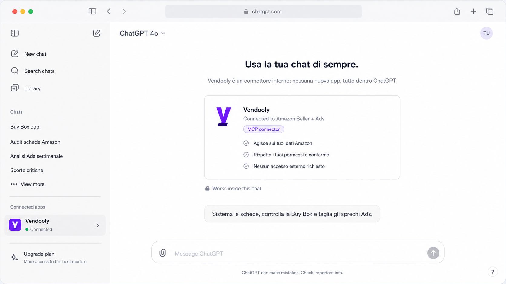 Schermata chat che mostra Vendooly come connettore MCP verso Amazon Seller e Ads