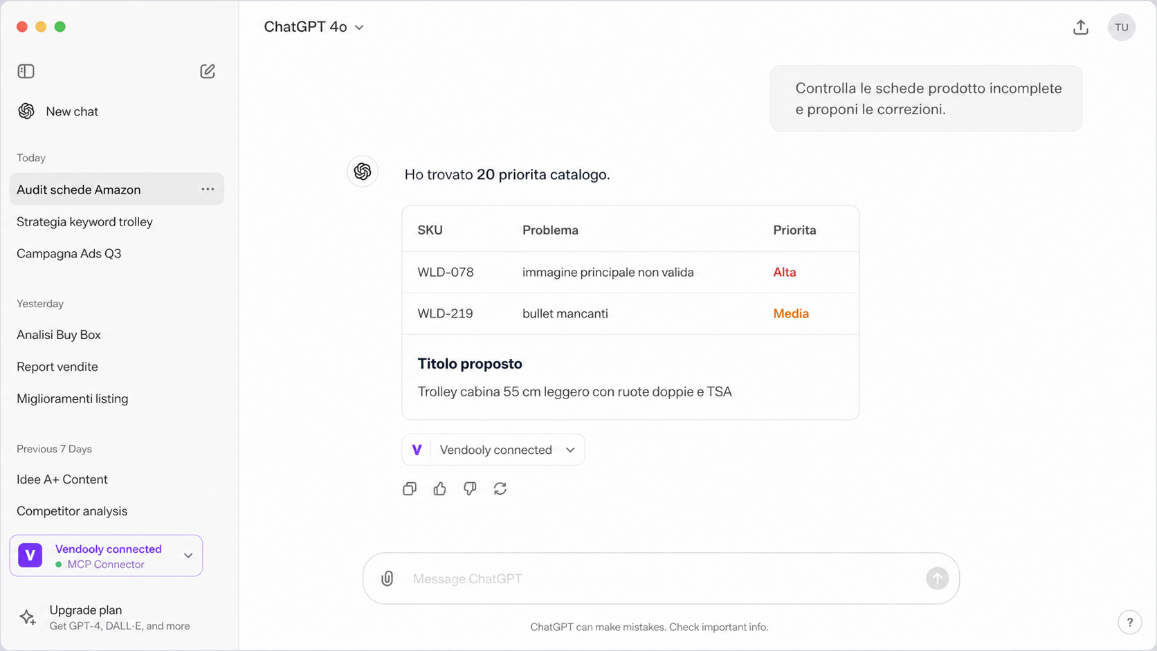 Audit schede prodotto Amazon dentro una chat con priorita e correzioni proposte