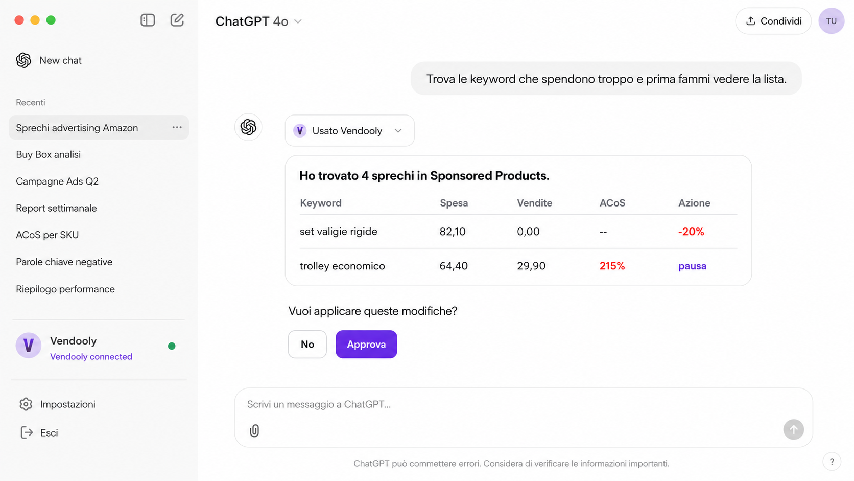 Vendooly individua sprechi Ads in chat e prepara modifiche da approvare