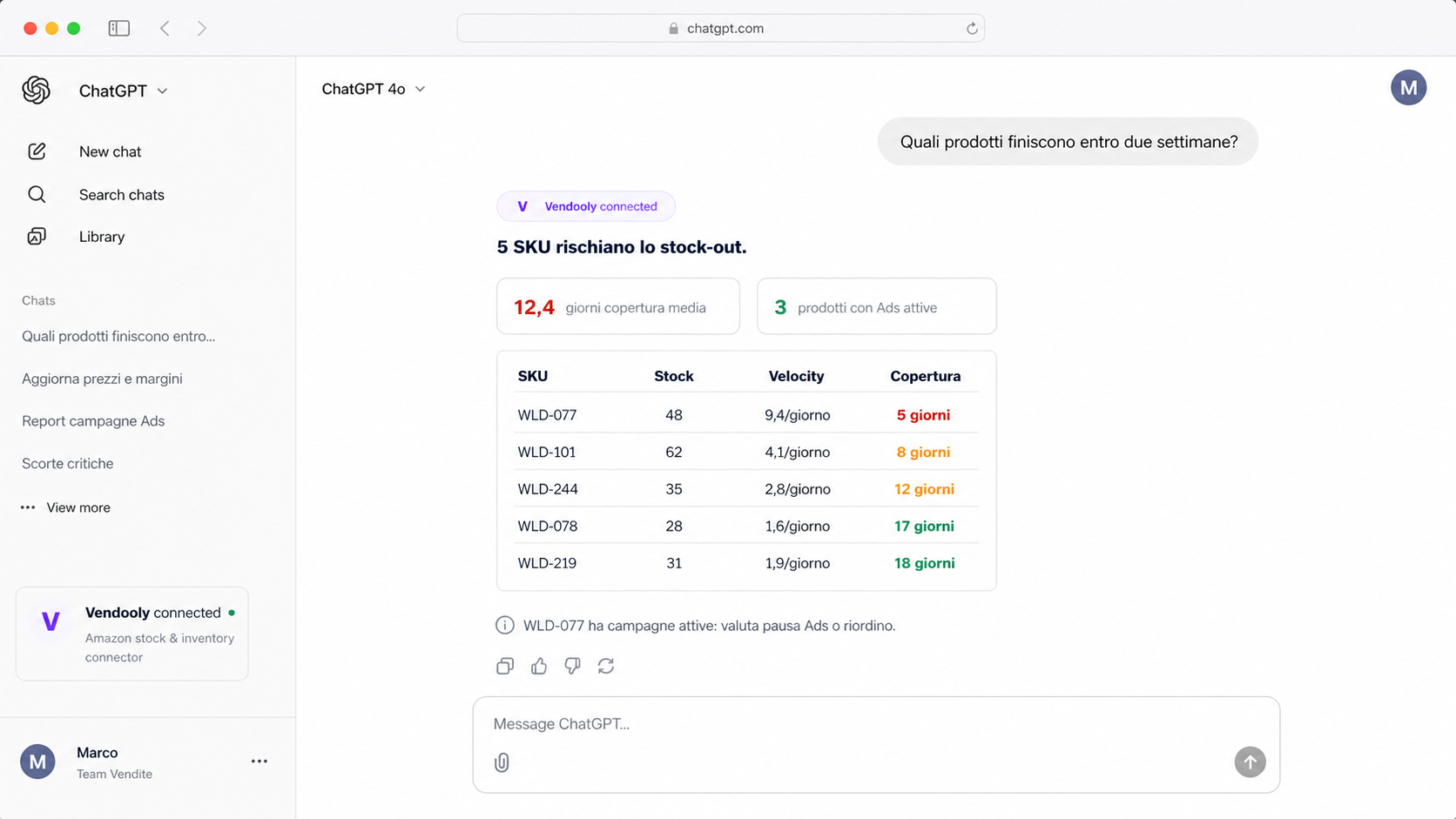 Analisi scorte Amazon in chat con giorni di copertura e prodotti a rischio stock-out