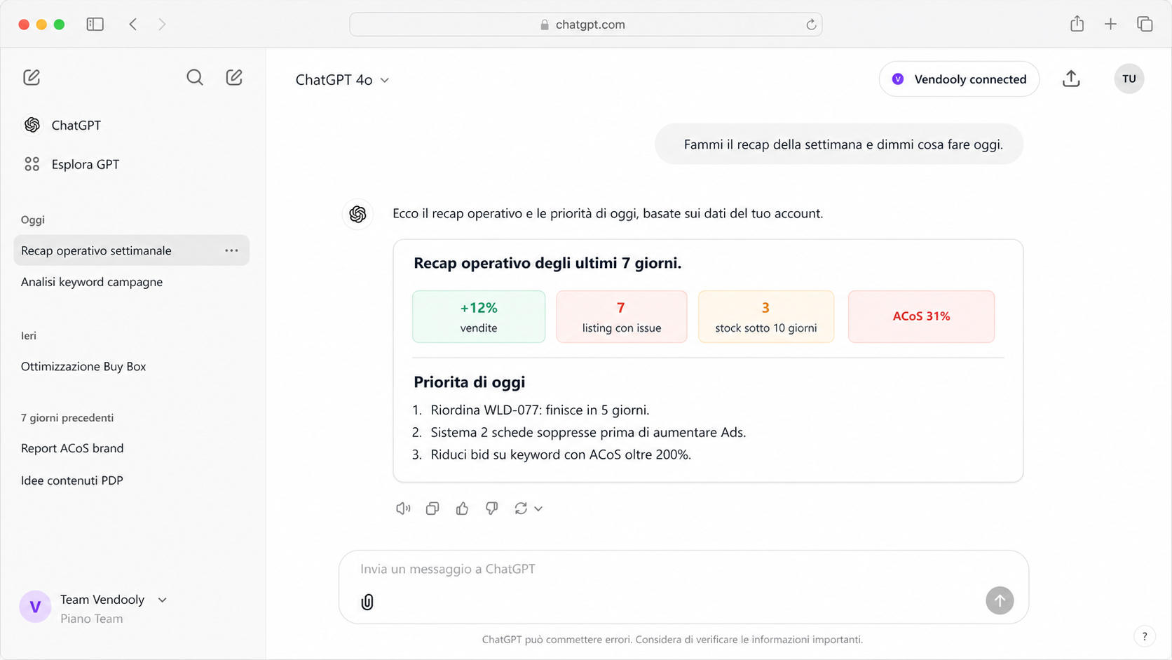 Recap settimanale Amazon dentro ChatGPT con KPI e prossime priorita