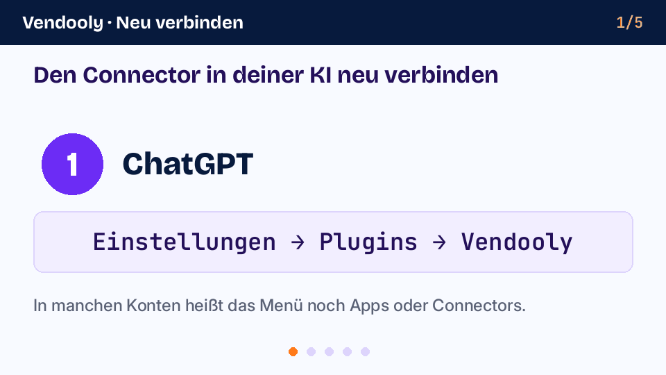 Schema in 5 Schritten: ChatGPT Einstellungen → Plugins, Claude Einstellungen → Connectors, Trennen und Verbinden, Vendooly-Login, neuer Chat.